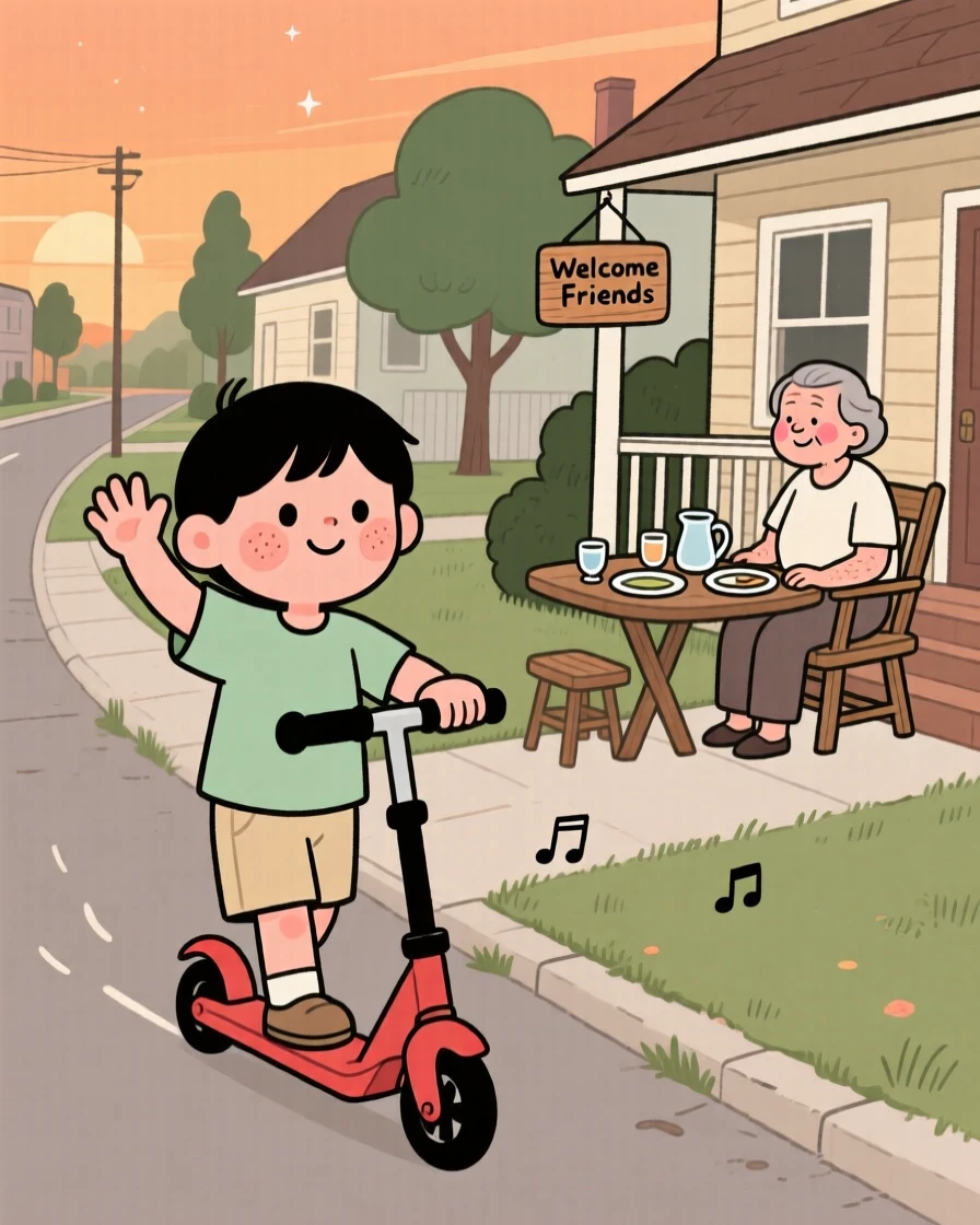 A child rides a scooter down a quiet suburban street on a warm summer evening, waving to a neighbor as the clink of dinner being set out drifts from a nearby porch.