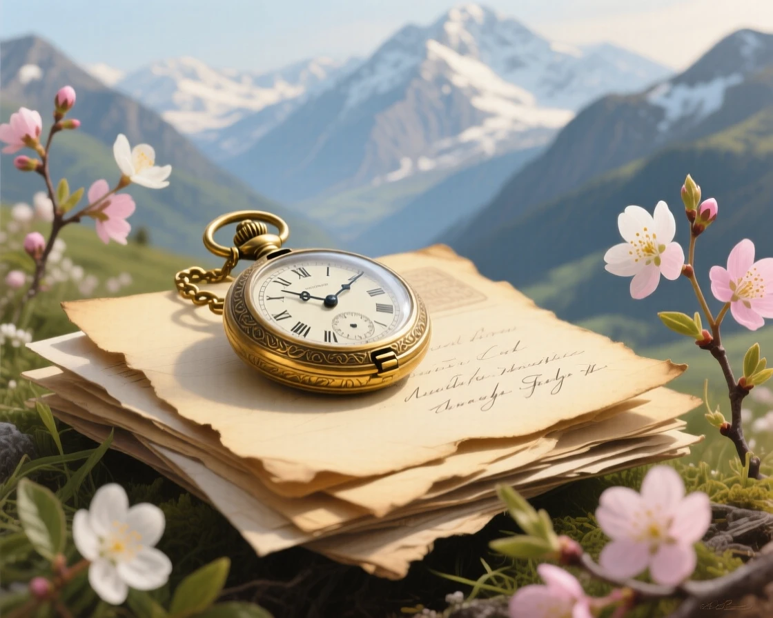 A tightly framed close-up of an antique pocket watch resting on a stack of old letters, as spring blossoms open, in the Swiss Alps.