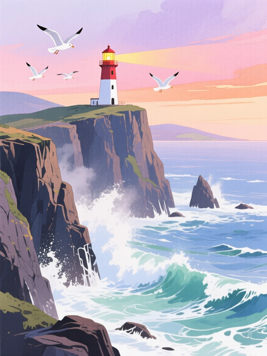 A rocky coastline with crashing waves against tall cliffs, seagulls circling above a distant lighthouse at sunset