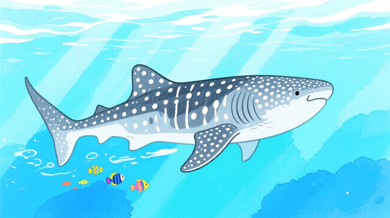 A vivid scene of a whale shark gliding peacefully through open ocean.