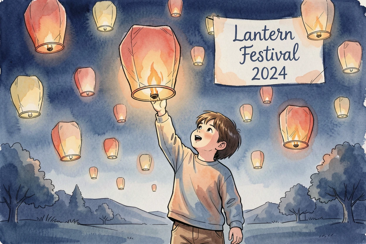 A child releasing a paper lantern into the night sky alongside hundreds of others drifting upward