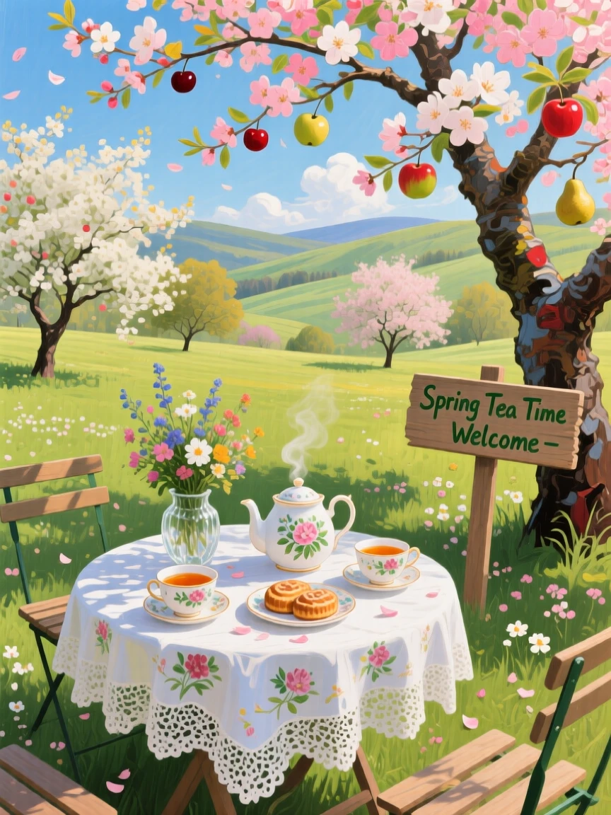 a tea table beneath blooming fruit trees, on a peaceful spring afternoon, with layered visual detail from foreground to horizon.