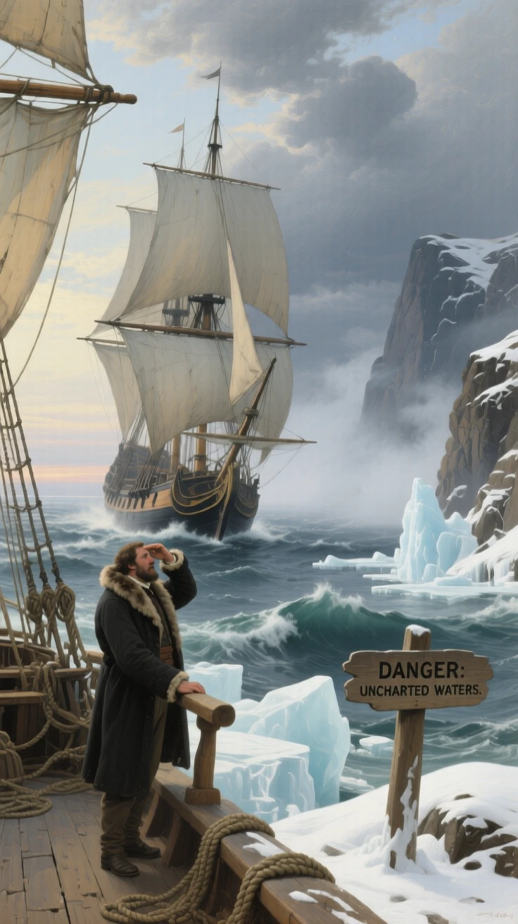 A merchant vessel cuts through icy waters at a rocky coastline in the mist while the captain studies the horizon.