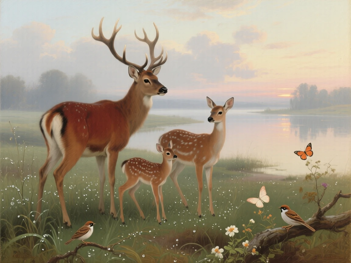 A family of deer grazing quietly in a dew-covered meadow at dawn captured in a moment of wild grace and quiet power, set beside a still lake reflecting a painterly sky, with small birds or butterflies adding quiet movement to the scene; soft depth of field isolates the animal against a dreamlike backdrop, suggesting the timeless harmony between nature and spirit.
