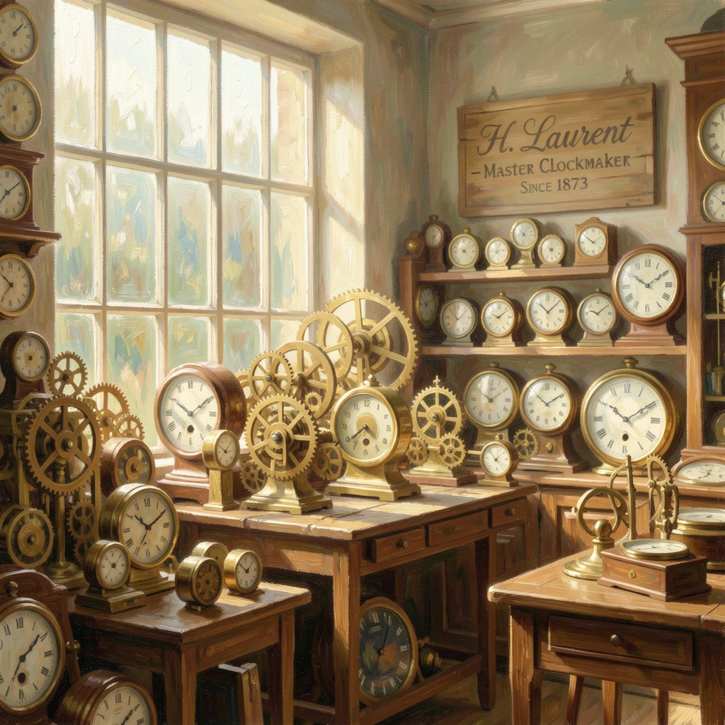 An old-world clockmaker's shop filled with intricate gears and dozens of ticking timepieces.