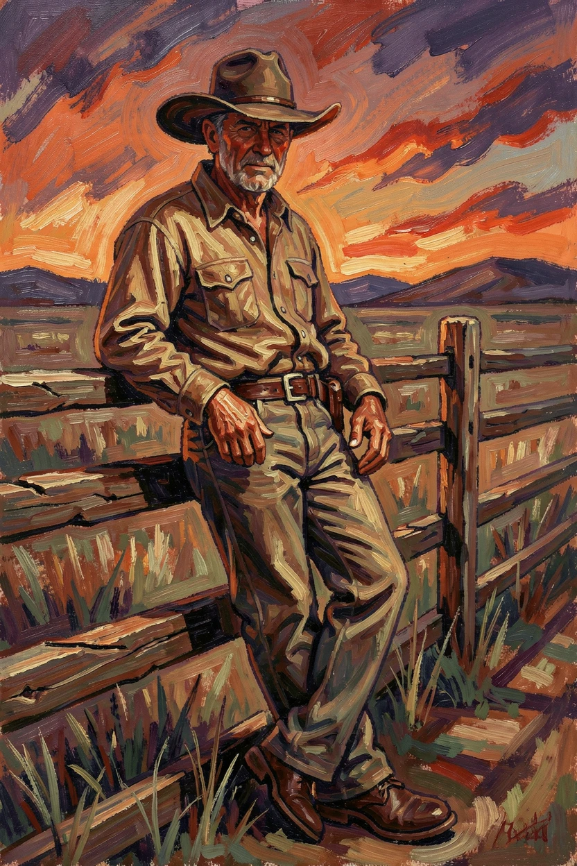 A weathered cowboy leaning against a wooden fence, hat shadowing his sun-worn face at dusk.