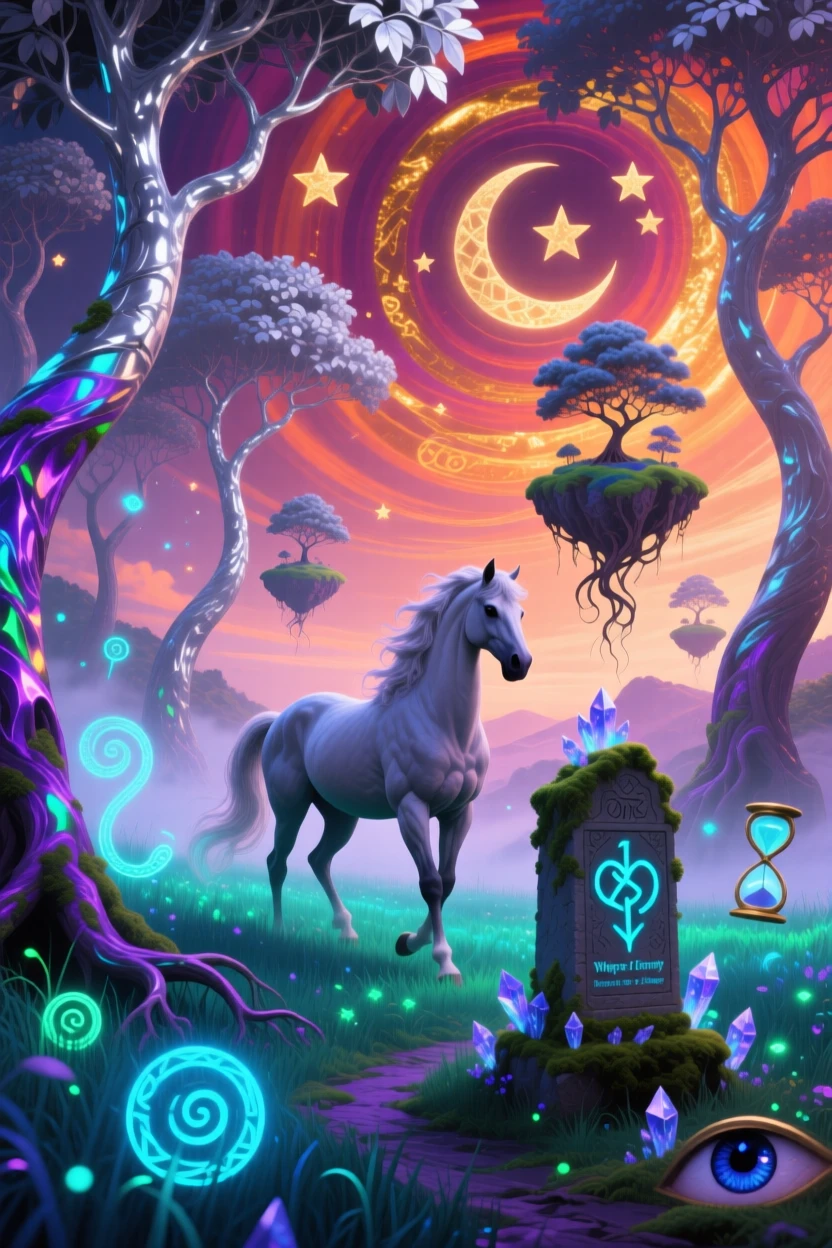 A centaur wandering through a grove of silver-leafed trees moves gracefully through a field of tall glowing grass, while the surrounding air shimmers faintly with old magic.