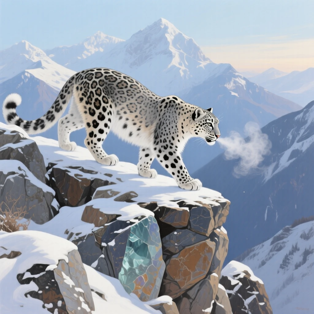 A snow leopard moves silently across a rocky Himalayan ledge, its thick spotted coat blending perfectly with the surrounding stone, breath visible in the cold mountain air, the moment captured with a sense of calm intimacy despite the wild setting.