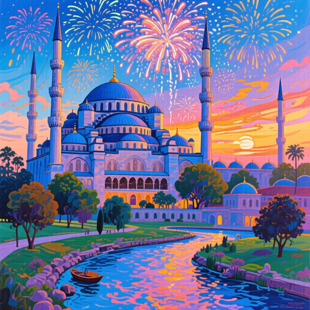 The Blue Mosque's domes catching the last light of day, as fireworks burst overhead, a river winding through the foreground