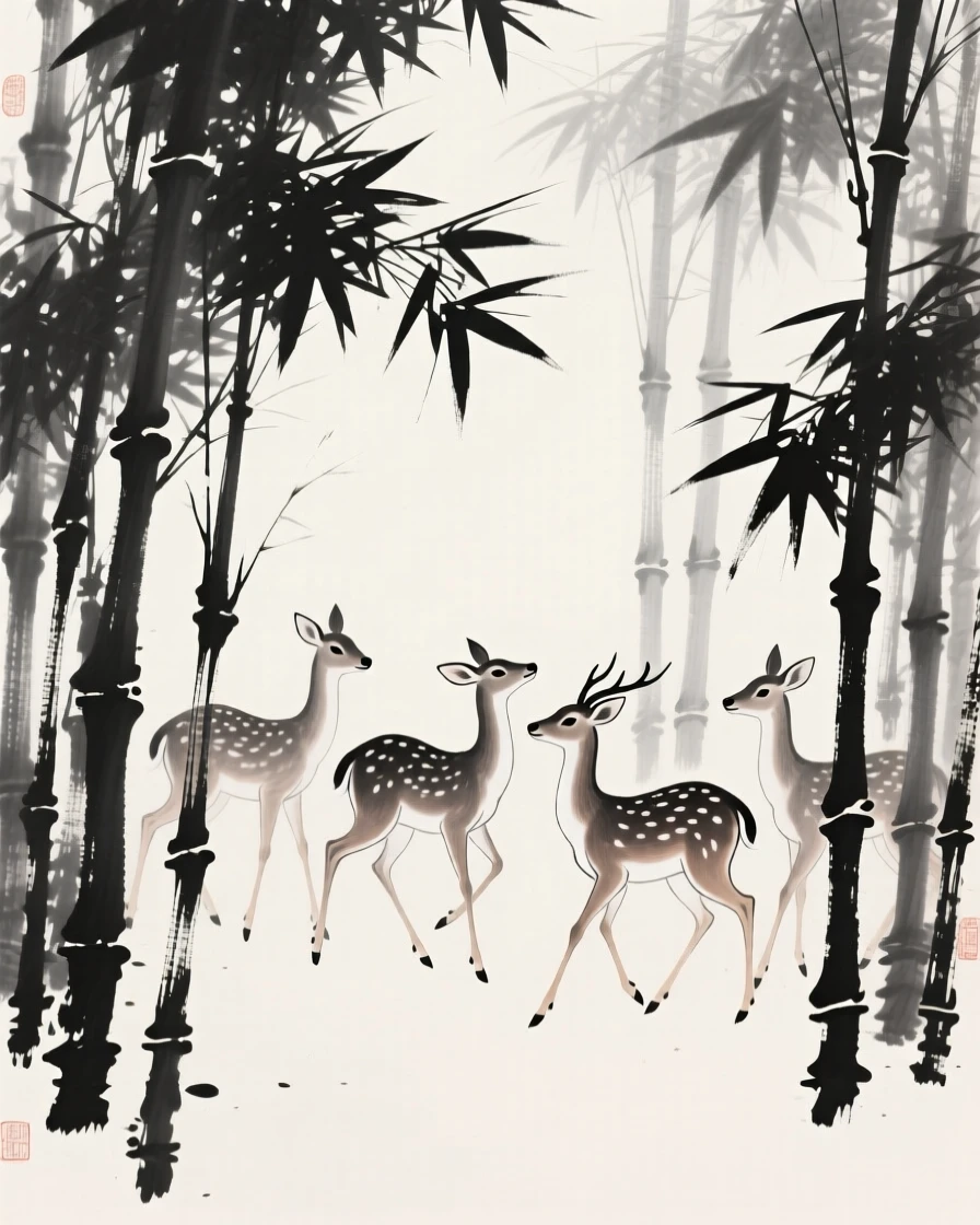 A group of deer moves cautiously through a bamboo thicket, with the forest quiet and still around them.
