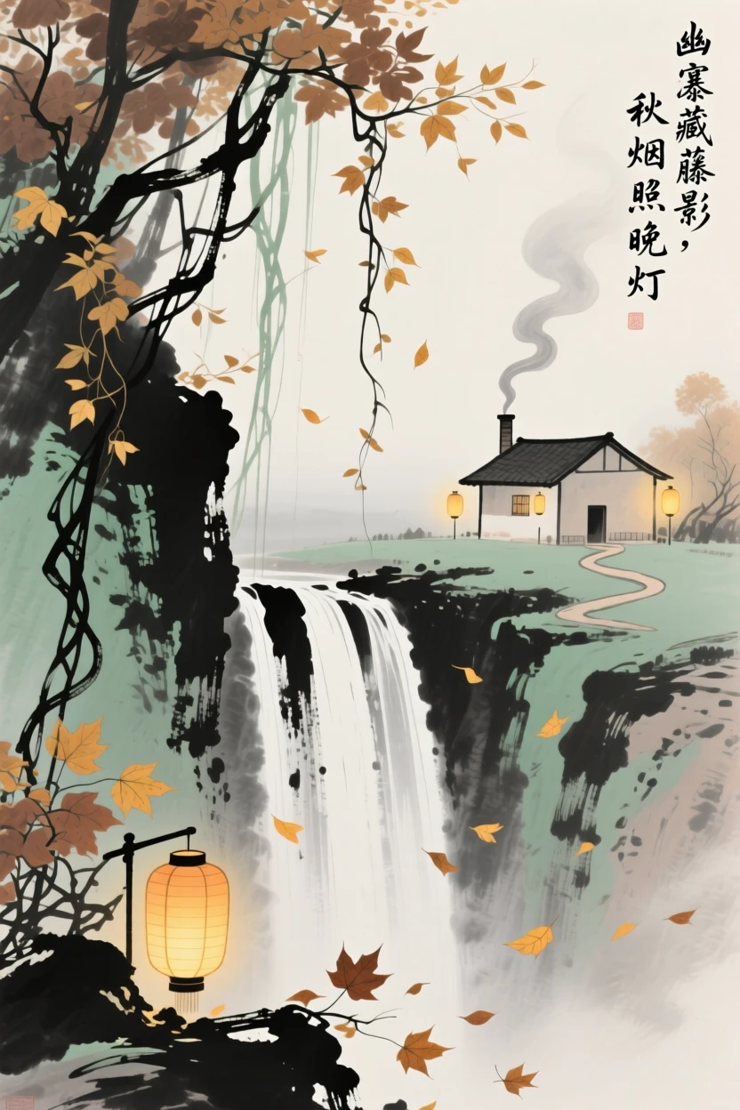 A hidden waterfall tucked behind a curtain of vines, with a thin trail of smoke rising from a distant hut, as lanterns are lit for the evening, as autumn leaves turn golden.