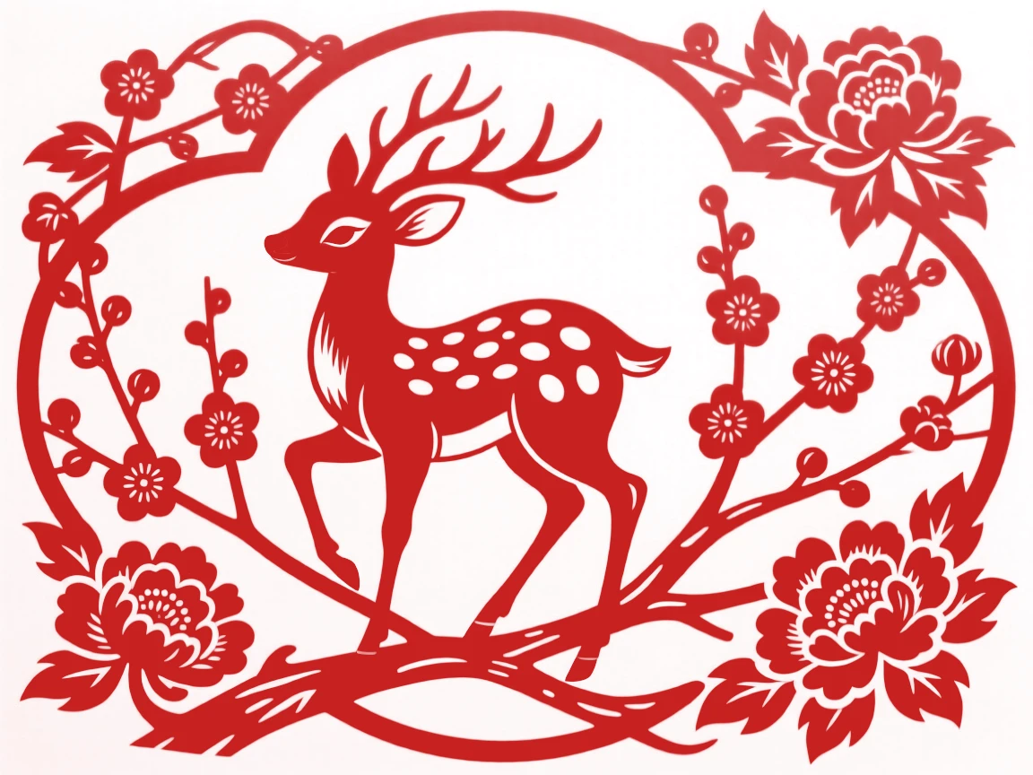 A spotted deer fawn, perched on a blossoming branch at first light, symbolizing peace and good fortune.