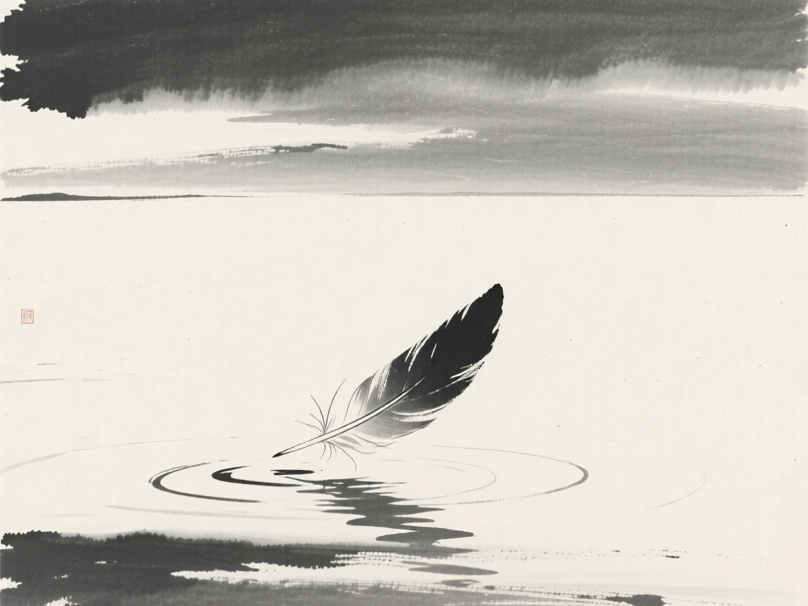 A single feather drifting down onto still water beneath a wide and silent sky, composed with vast open space to emphasize solitude, carrying a hushed, contemplative silence.