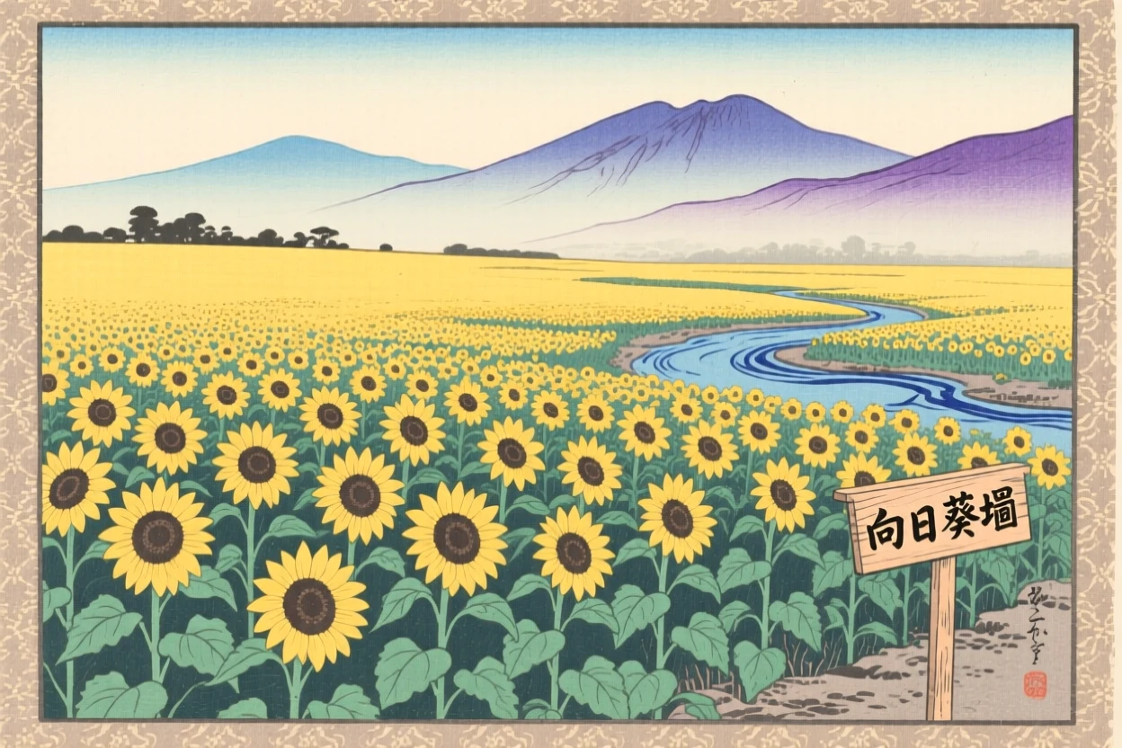 A sunflower field stretching to the horizon with distant mountains fading into haze.