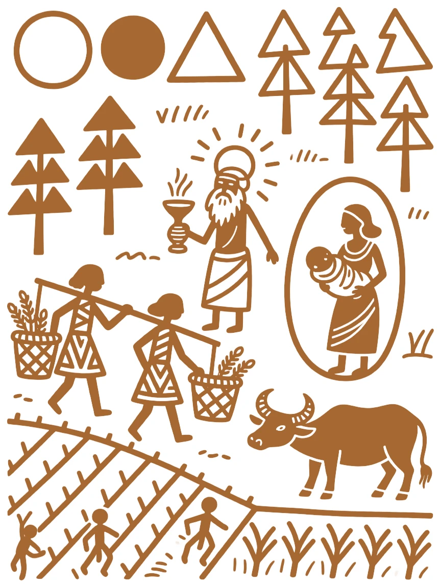 A naming ceremony for a newborn celebrated as farmers bring the first grains of the harvest to be blessed.