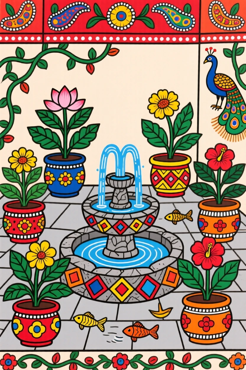 A courtyard filled with potted plants and a small stone fountain.