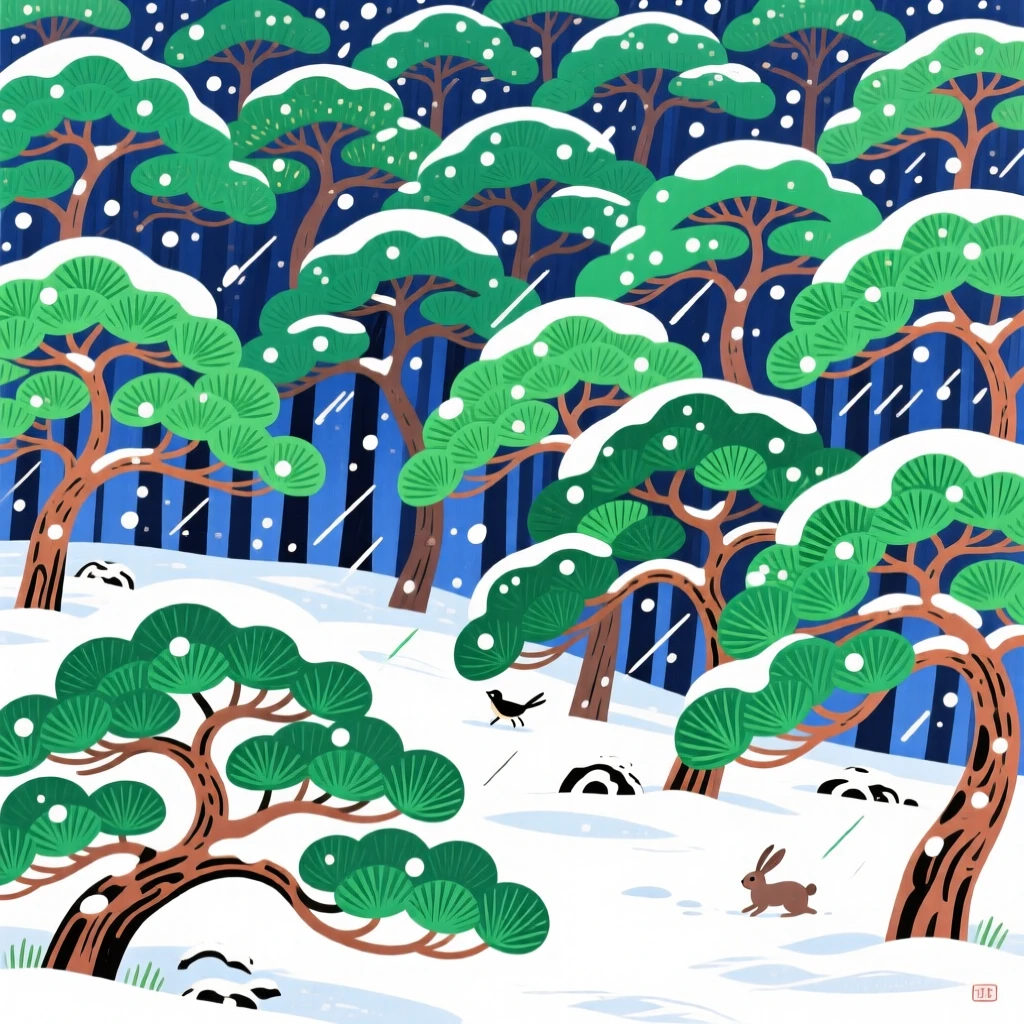 A sweeping view of a pine forest blanketed in fresh snow during a light drizzle.
