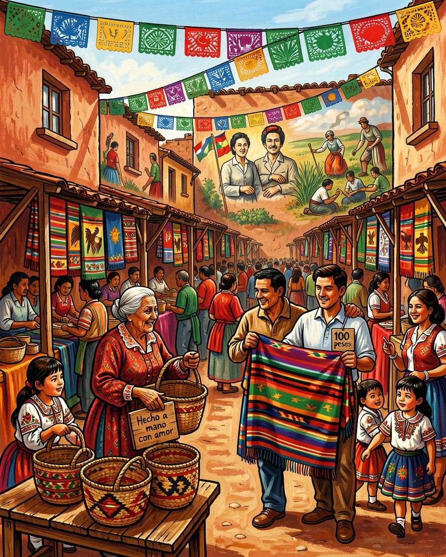 A festival market selling handwoven baskets and blankets