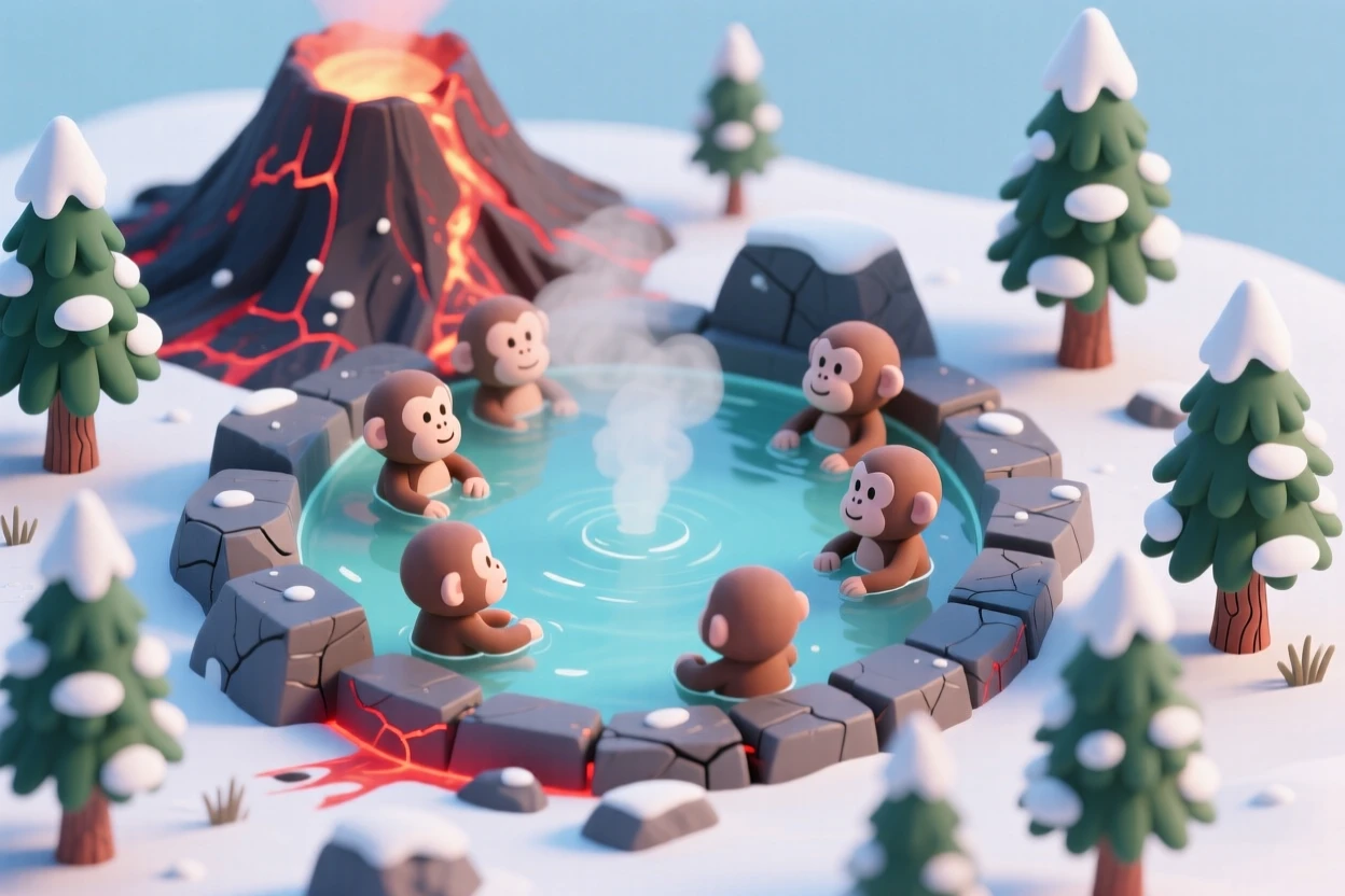 A volcanic hot spring surrounded by steam and snow, monkeys soaking contentedly in the warm water, and pine trees frosted white around the edges.