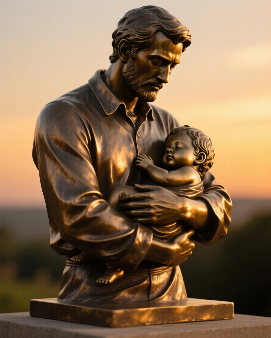 A father carrying his sleeping child home at dusk, bathed in warm, golden light, forming a strong central focal point