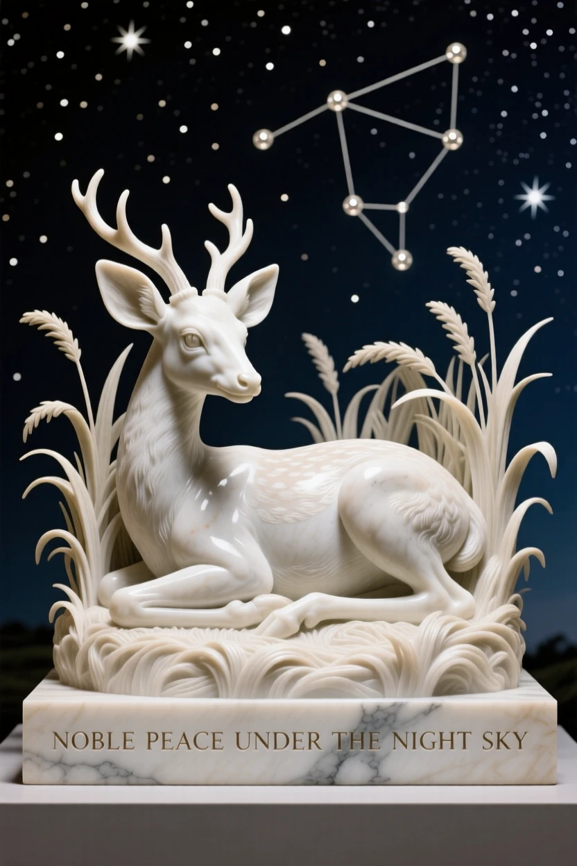 A fawn nestled in tall grass captured in a powerful, dignified pose beneath a sky full of stars