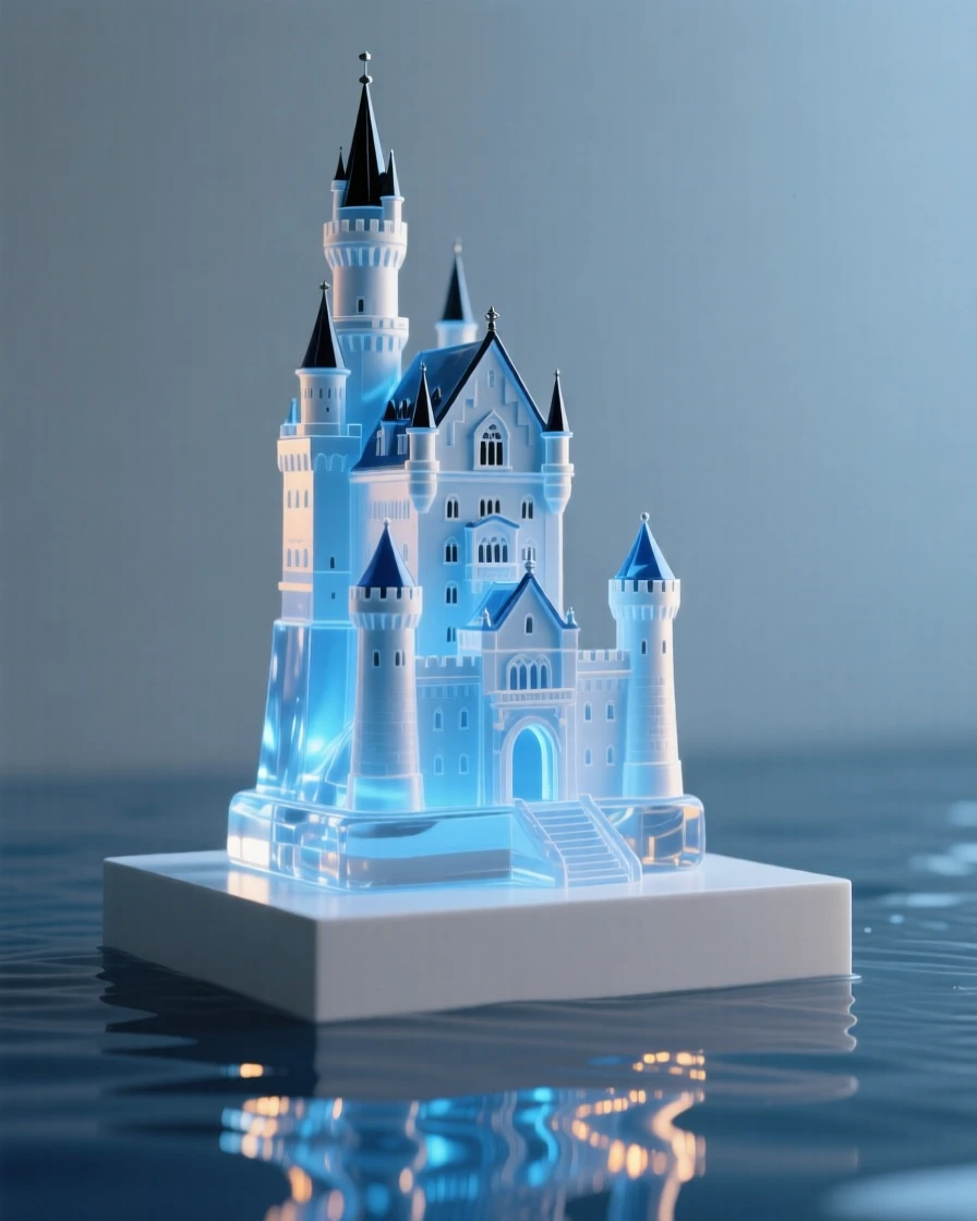 Neuschwanstein Castle at blue hour with soft ambient lighting beginning to glow, reflections shimmering nearby, evoking timeless elegance.