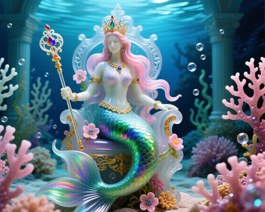 A mermaid queen holding court in an underwater coral throne room, regal and enchanting.
