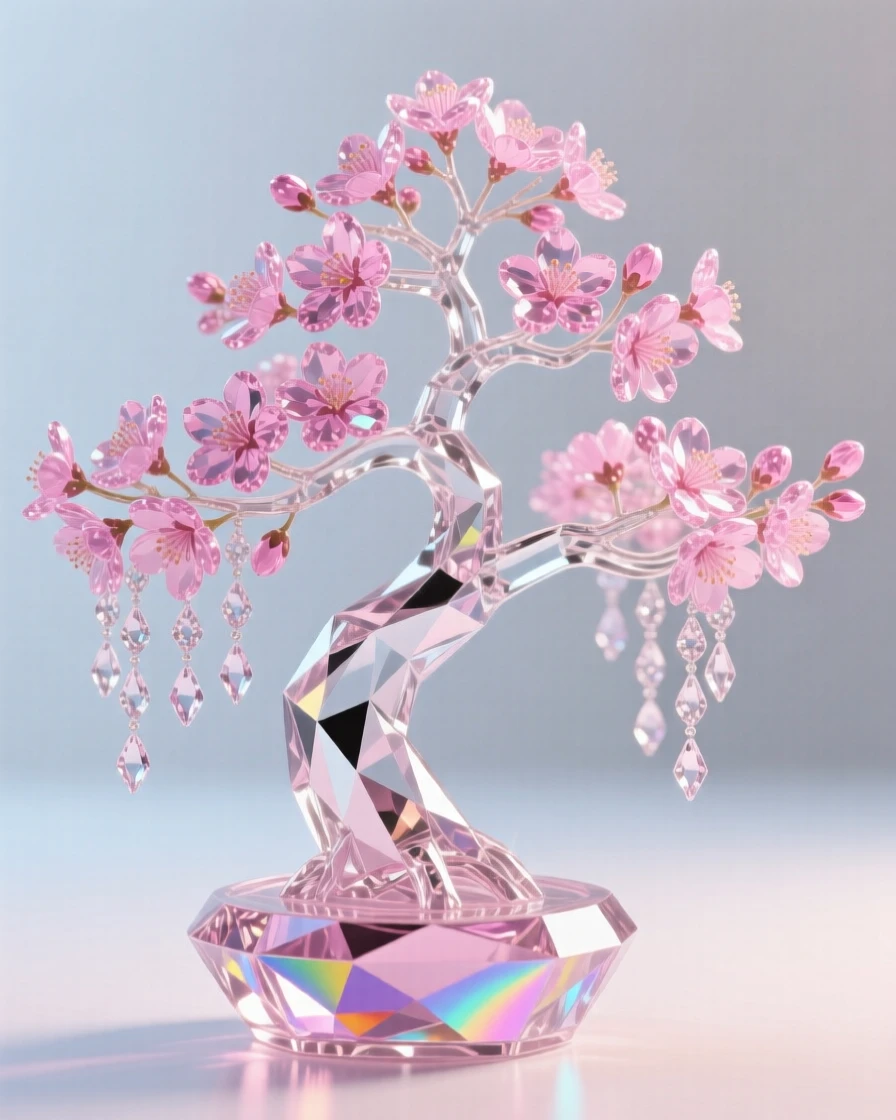 A cascading bonsai tree in full pink bloom, delicate branches perfectly shaped.