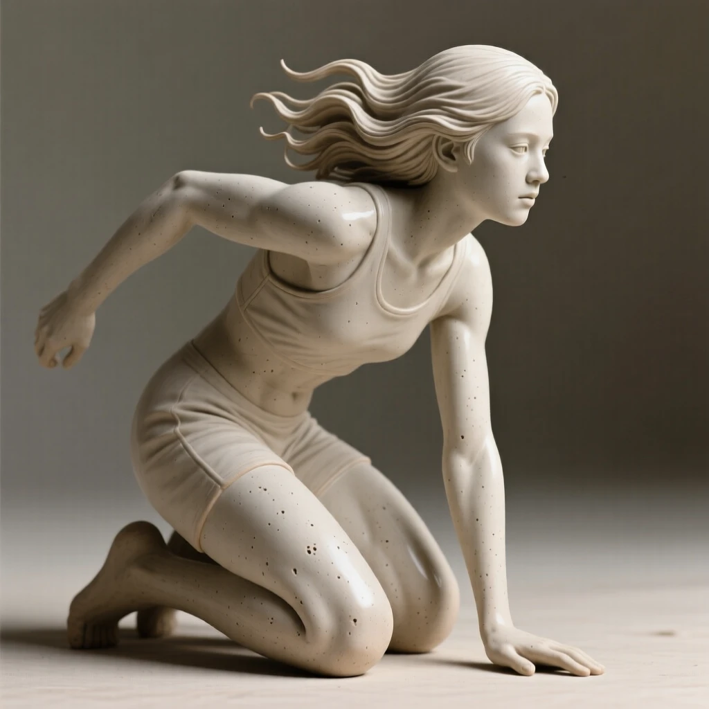 A young athlete captured mid-stride kneeling with quiet, contemplative stillness, with delicate strands of hair catching the breeze, conveying quiet dignity and timeless beauty.