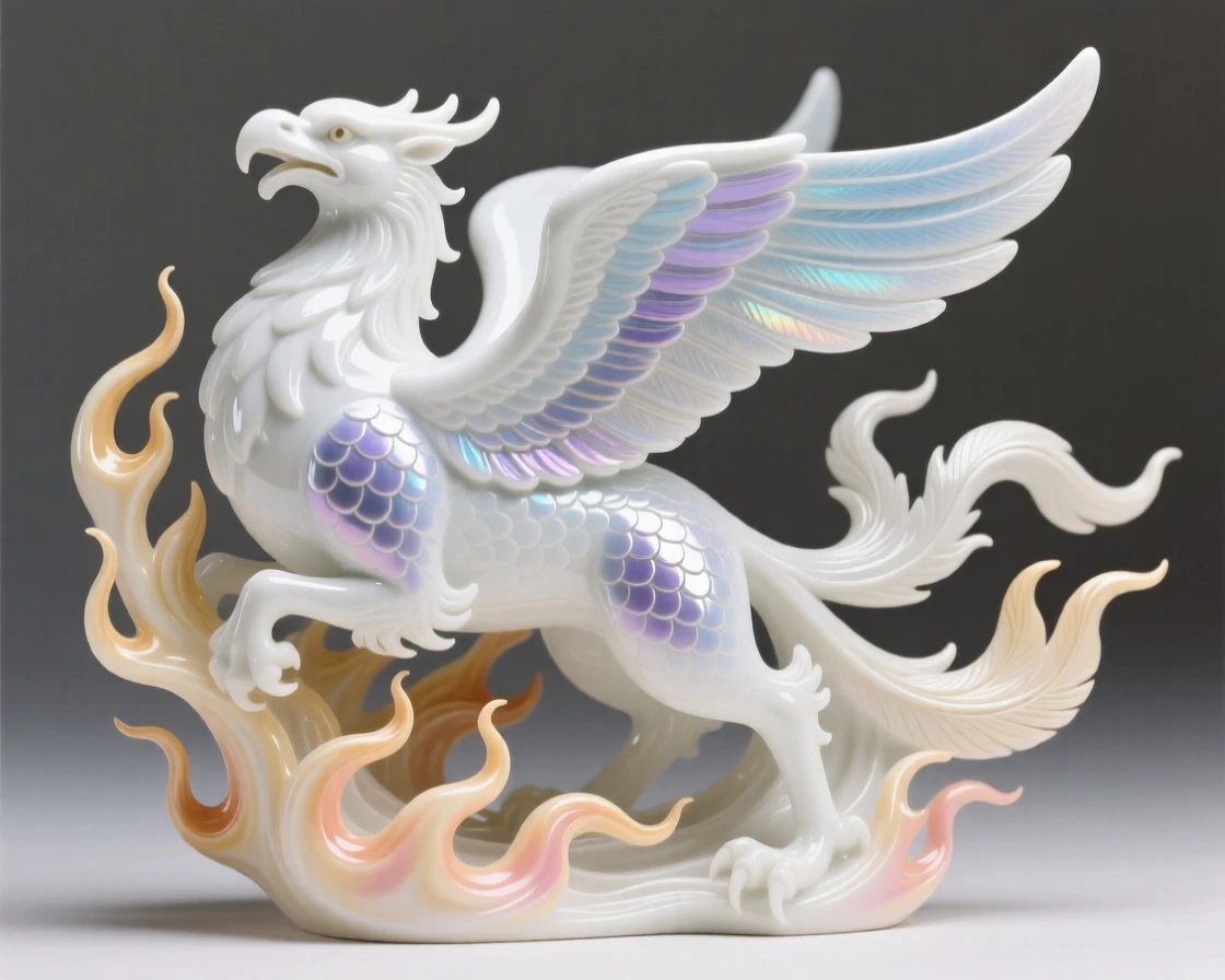 A majestic griffin rising from a burst of flame and feathers, scales shimmering with iridescent color.
