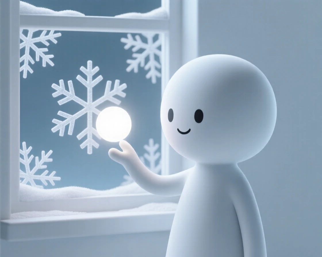 A gentle snow spirit paints delicate frost patterns onto a windowpane with a single glowing fingertip.