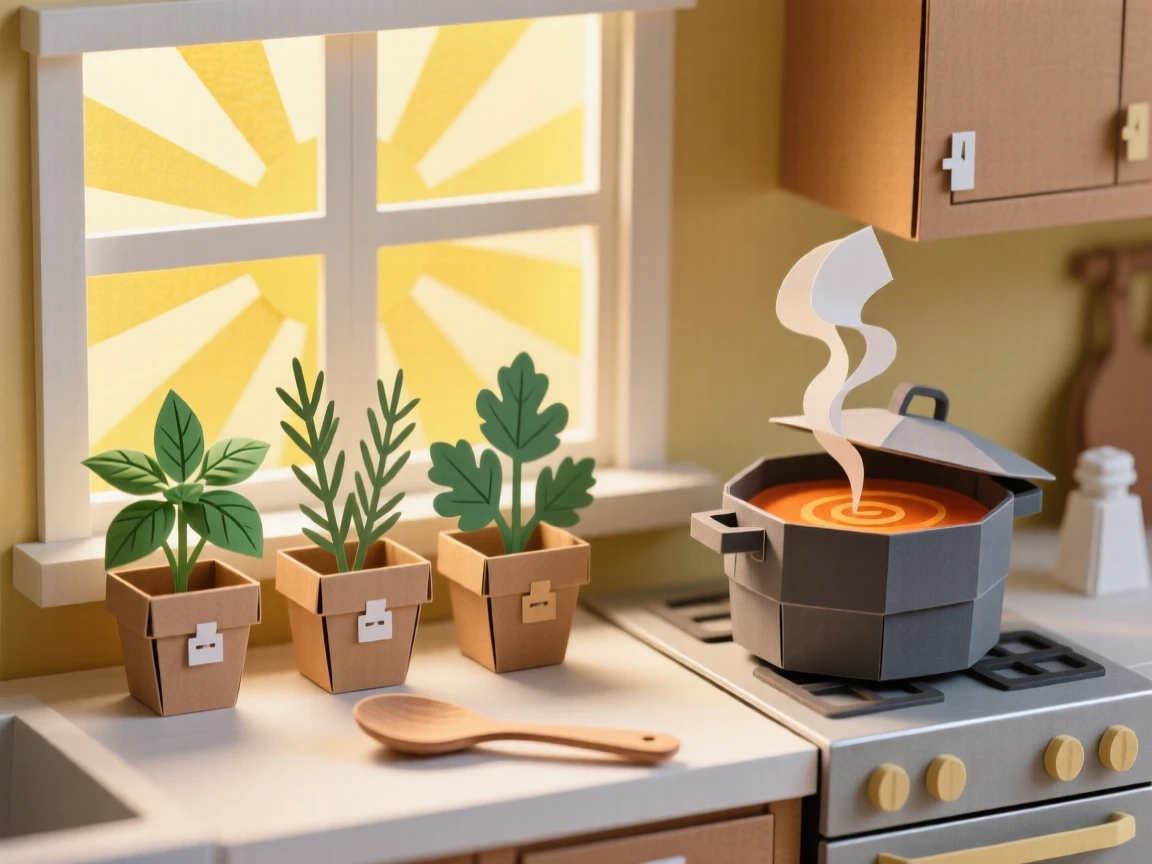 A sunlit kitchen with fresh herbs growing on the windowsill and a pot of soup simmering on the stove, evoking homey warmth.