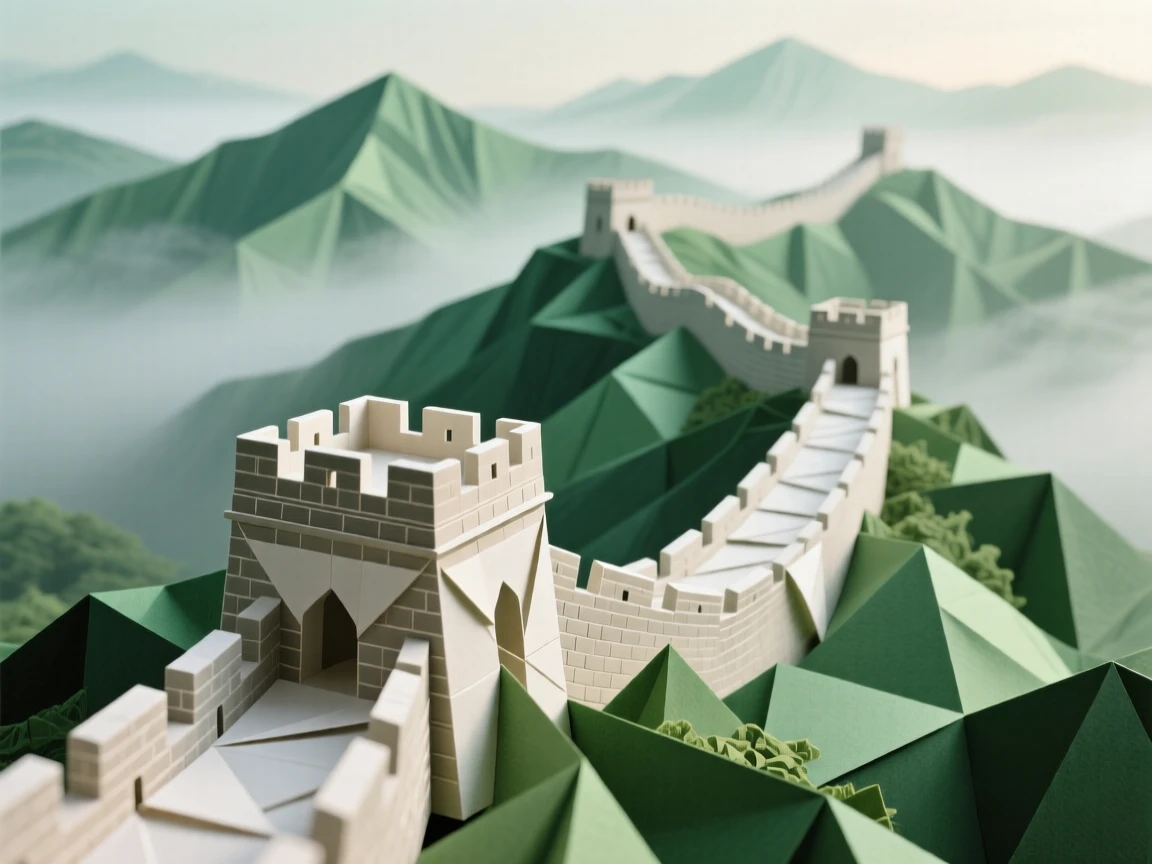 The Great Wall of China winding across misty green mountain ridges into the distance.
