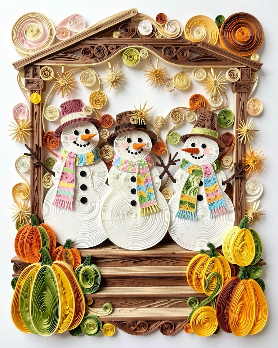 a family of snowmen wearing colorful scarves, on a cozy porch decorated with autumn gourds, arranged with warm twinkling lights scattered throughout, in bright cheerful pastel spring colors.