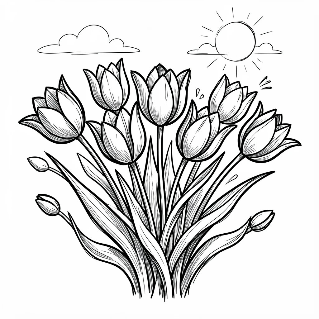 A bouquet of wild tulips under a clear morning sky.