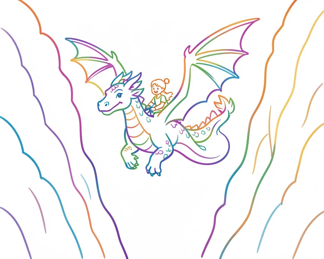 A dragon rider soaring between towering cliffs on a scaled beast.