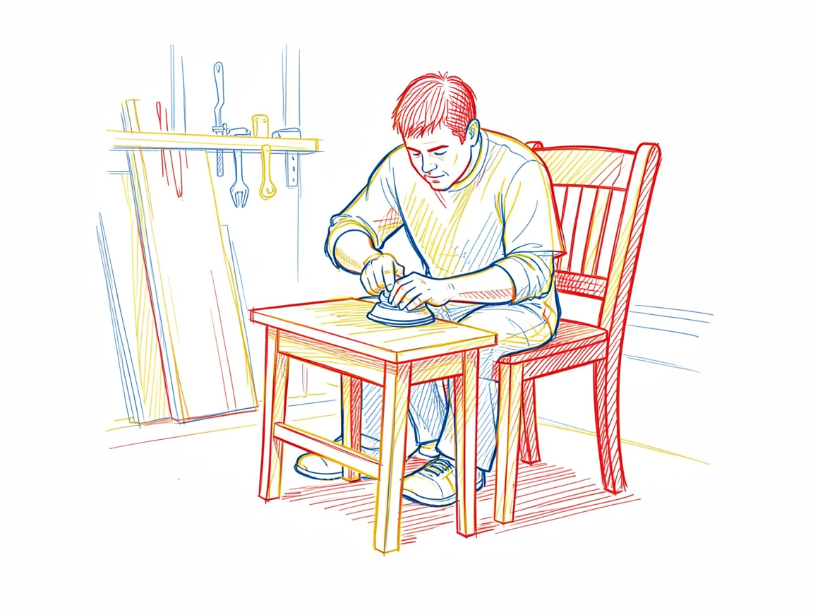 A carpenter sanding a handmade wooden chair in his workshop