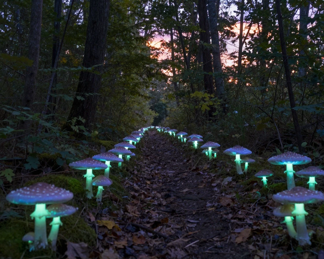 A field of giant luminous mushrooms lights a forest path at dusk.