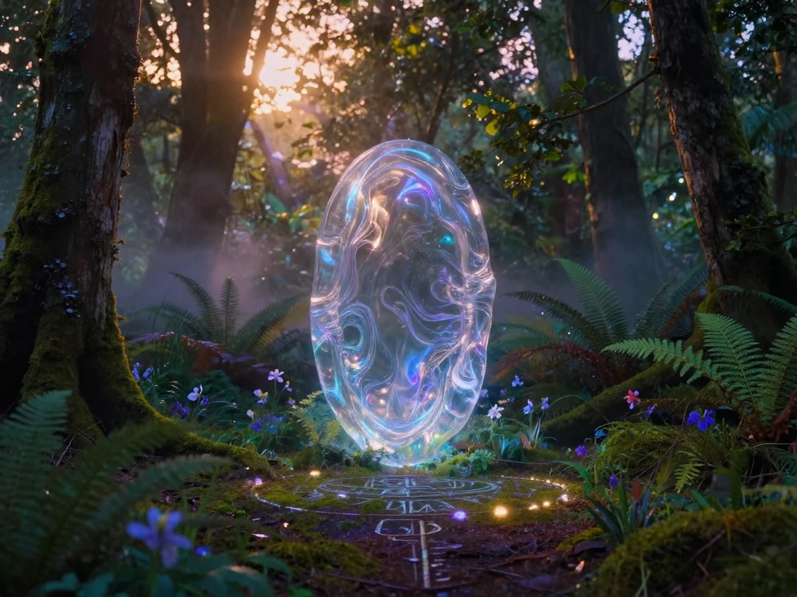 A shimmering portal between two worlds standing deep within an enchanted forest