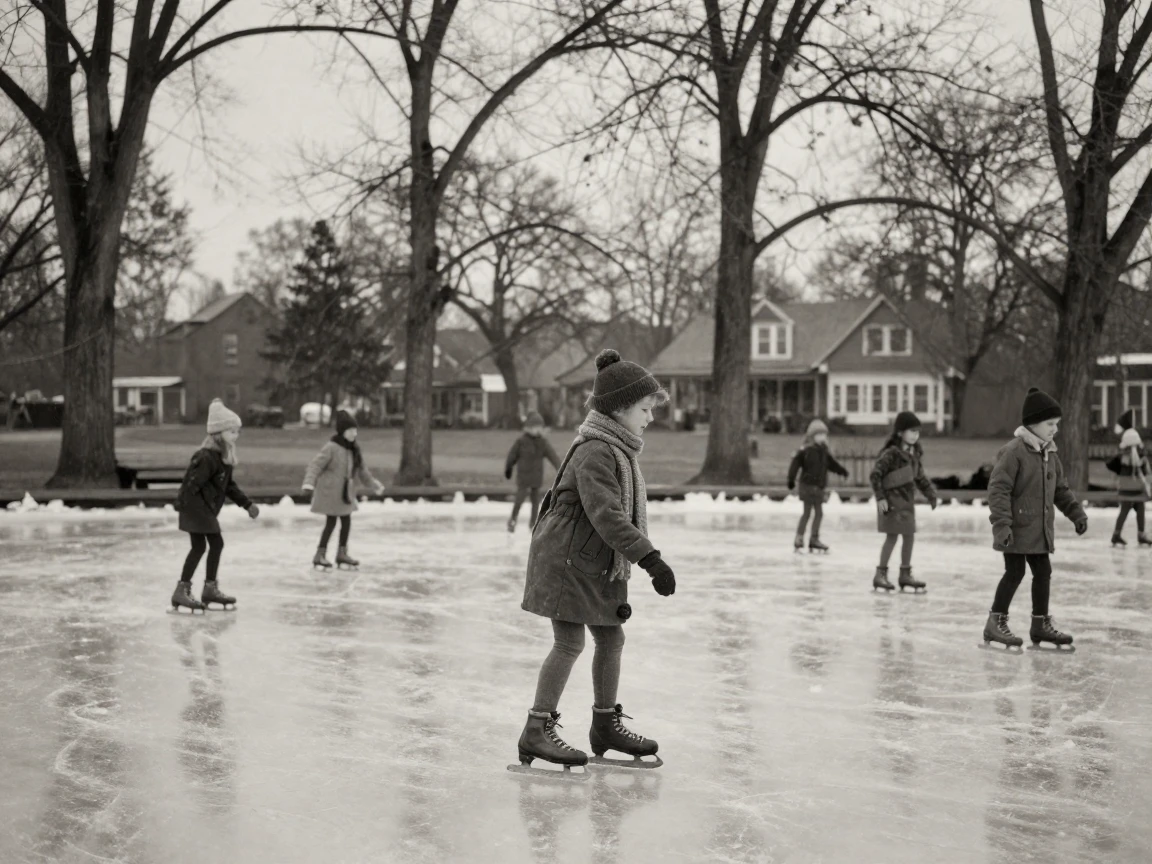 A frozen pond where children skate beneath bare trees, in soft window light, just after a rain shower, with puddles reflecting the sky, in winter, with stark black-and-white contrast softened by a single warm hue, over the shoulder of the main subject.
