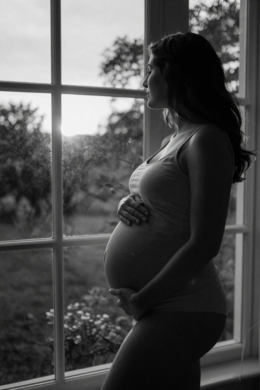 A pregnant woman rests a hand on her belly at sunset beside a window overlooking the garden.