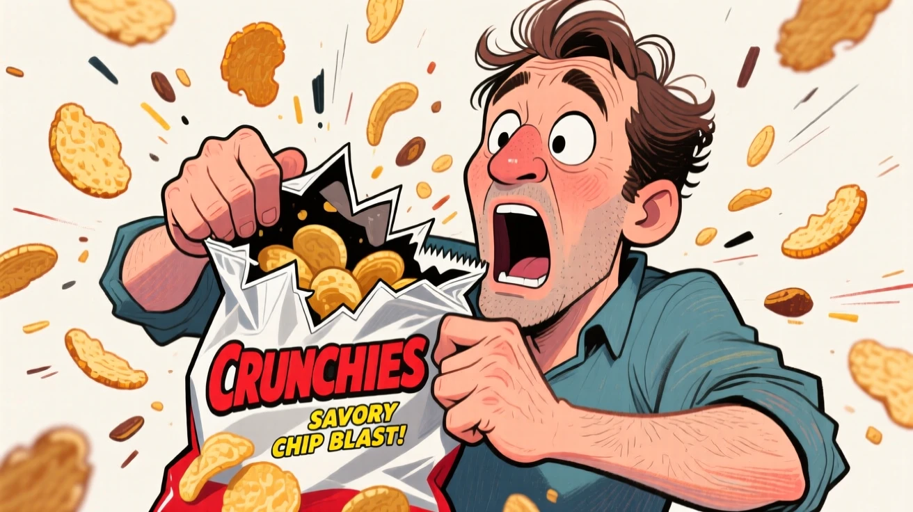 A man attempting to open a bag of chips that suddenly explodes everywhere.