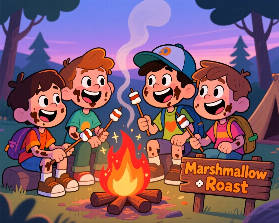 A playful childhood moment of a group of friends roasting marshmallows over a campfire, sticky faces and wide grins.