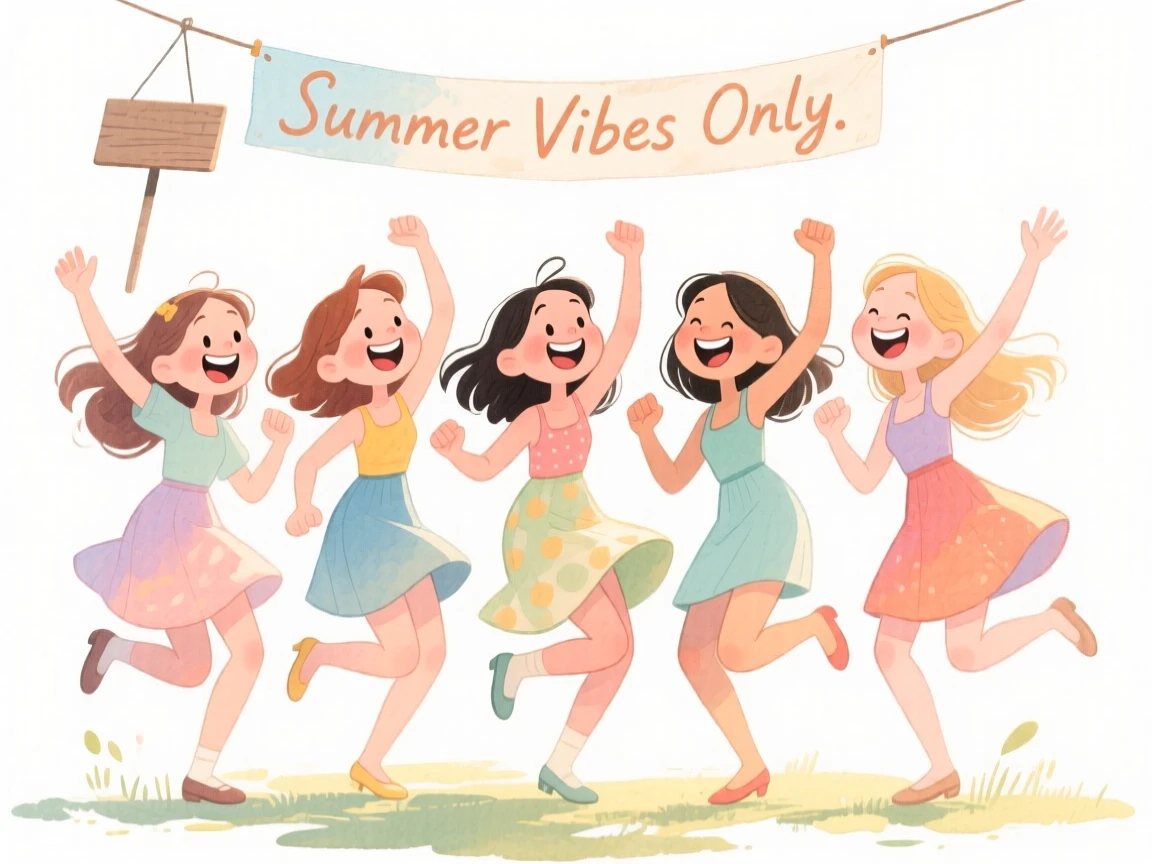 A close-knit group of girlfriends dancing together at an outdoor summer party