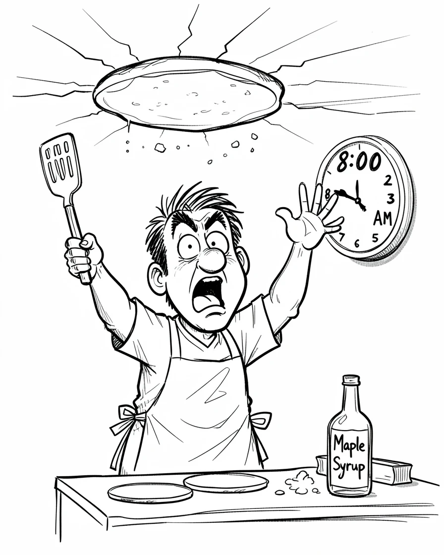 [Funny & Exaggerated Situations] Comical scene of a dad flipping pancakes and one lands stuck to the ceiling, exaggerated for maximum laughs