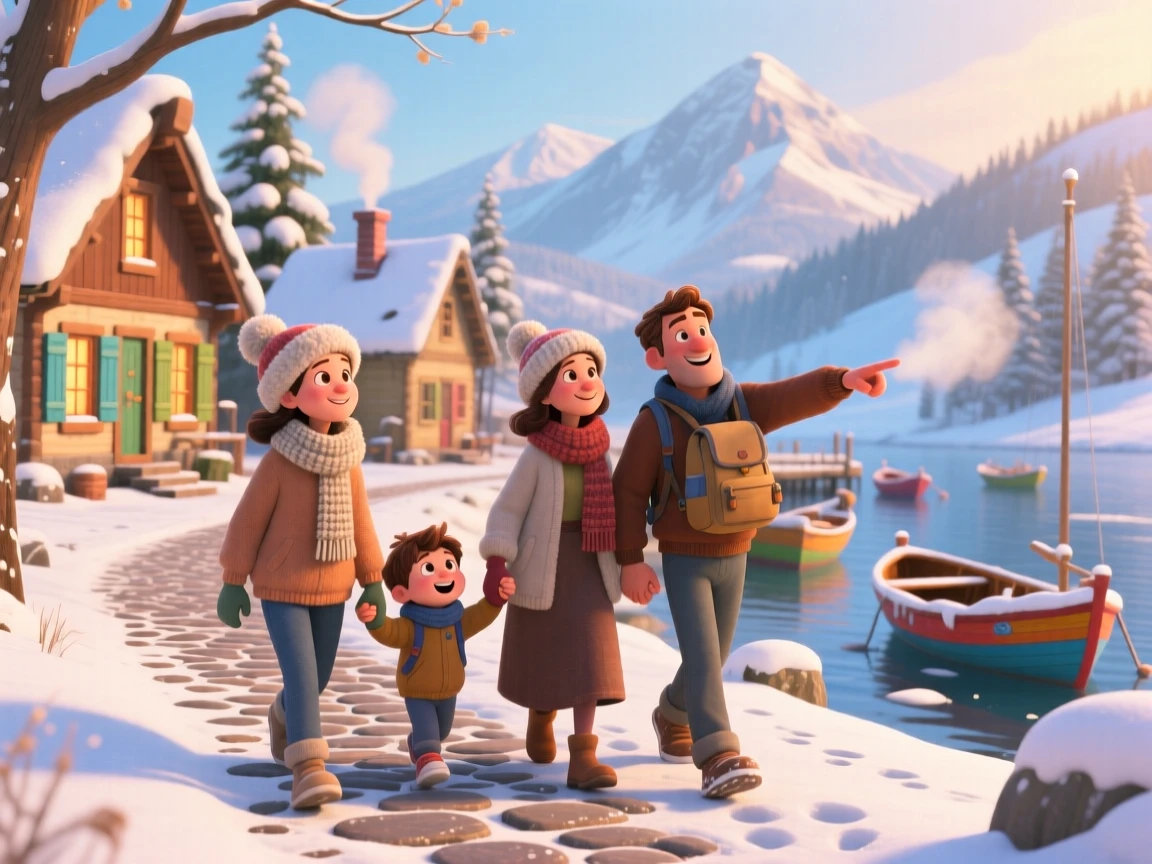 A family taking in the view stands at a mountain village dusted with fresh snow, walking slowly along the quiet path. A warm sense of gratitude and wanderlust colors the moment, with small boats bobbing in the distance.