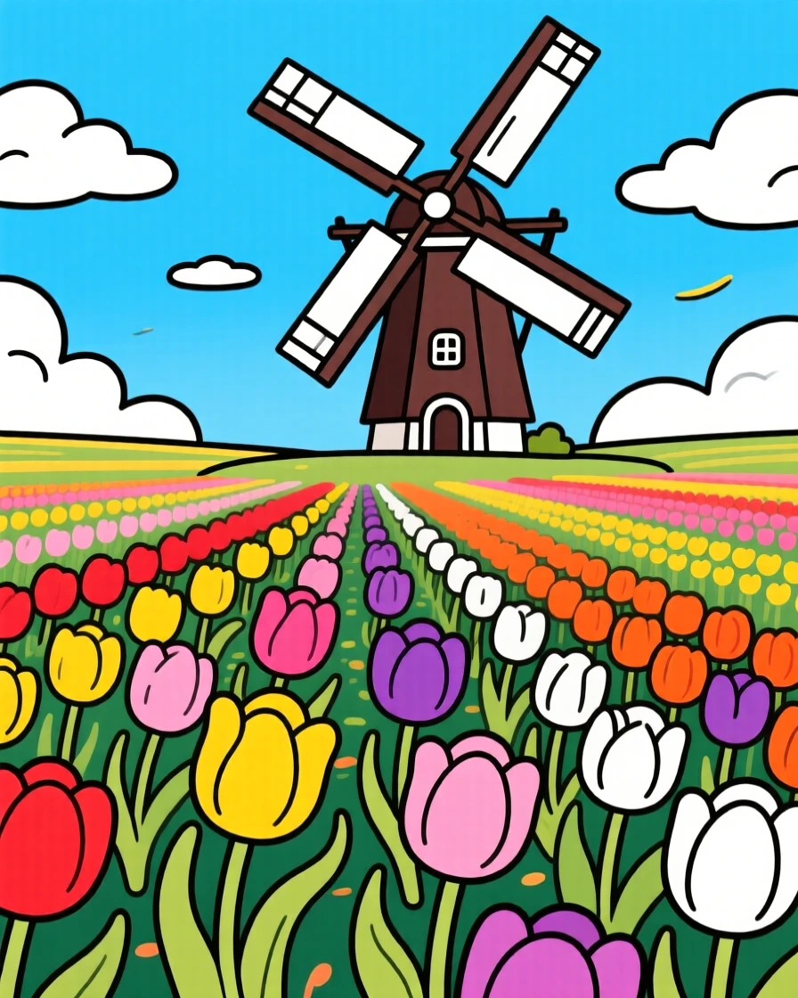 A field of tulips in every color stretching toward a windmill.