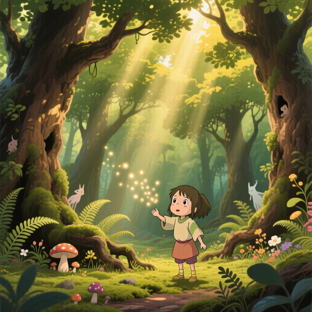 An ancient forest where sunbeams filter through dense canopy, shafts of light breaking through the leaves overhead, creating a scene of quiet natural magic.