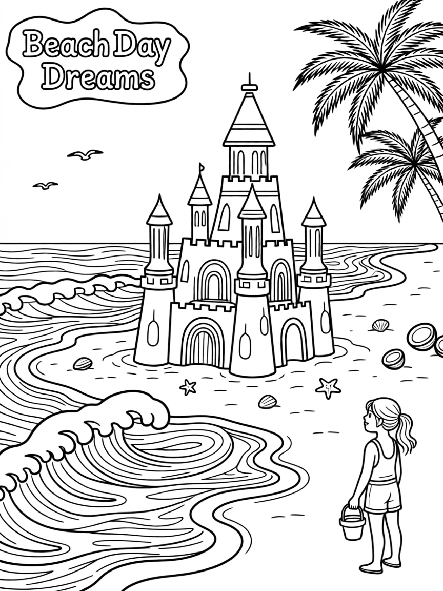 A sandcastle with intricate towers beside crashing waves, with palm trees swaying just out of frame.