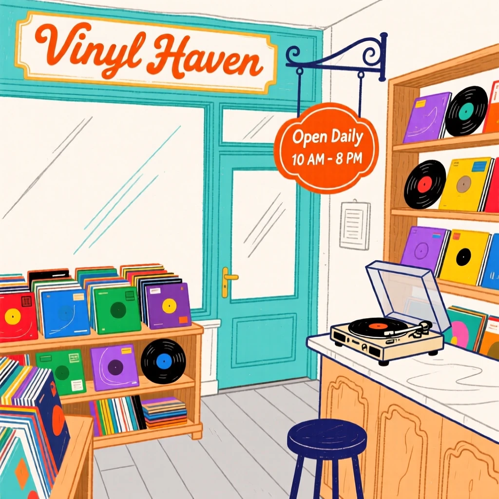 A vintage record shop with stacks of colorful albums.